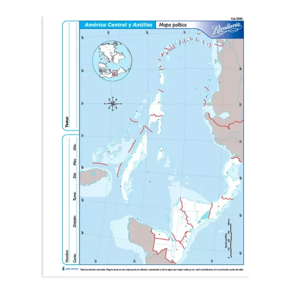 MAPA POLITICO RIVADAVIA N°3 AMERICA CENTRAL Y ANTILLAS