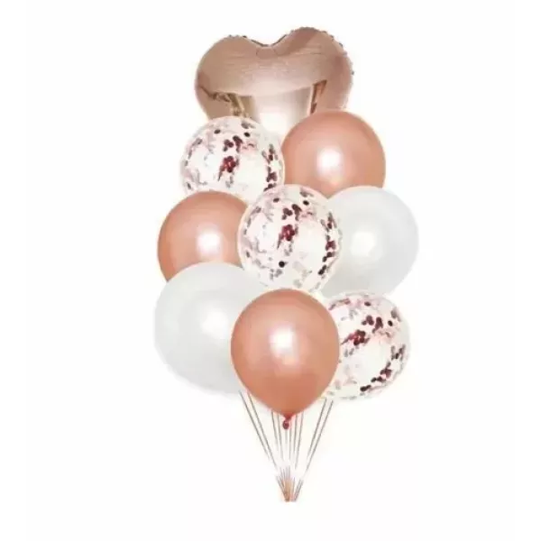 SET GLOBOS CORAZON OVNI x 6u CONFETI ROSA GOLD