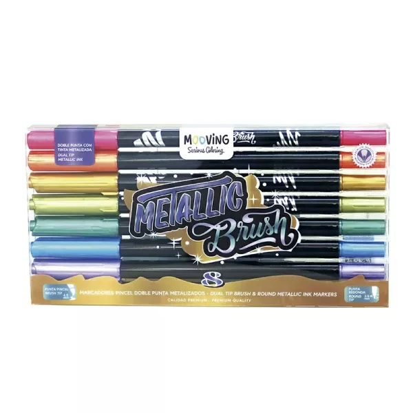 MARCADOR MOOVING DOBLE PUNTA PINCEL METALIZADO X 8U (3031308)